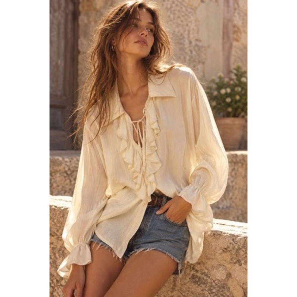 Topshop Women 100% Silk Ruffle Front Lace Up Blouse Cream Long Sleeve Size UK 14